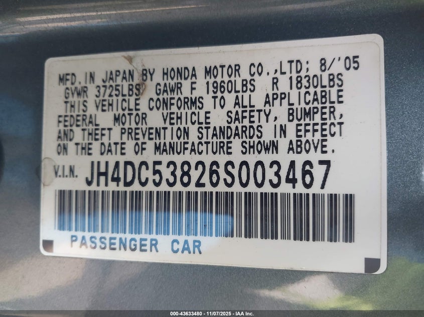2006 Acura Rsx VIN: JH4DC53826S003467 Lot: 43633480