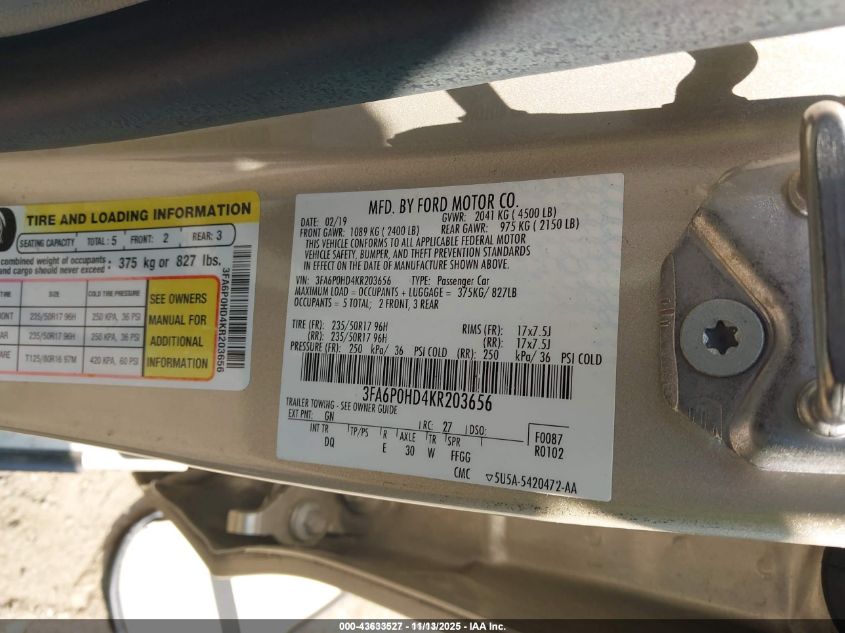 2019 Ford Fusion Se VIN: 3FA6P0HD4KR203656 Lot: 43633527