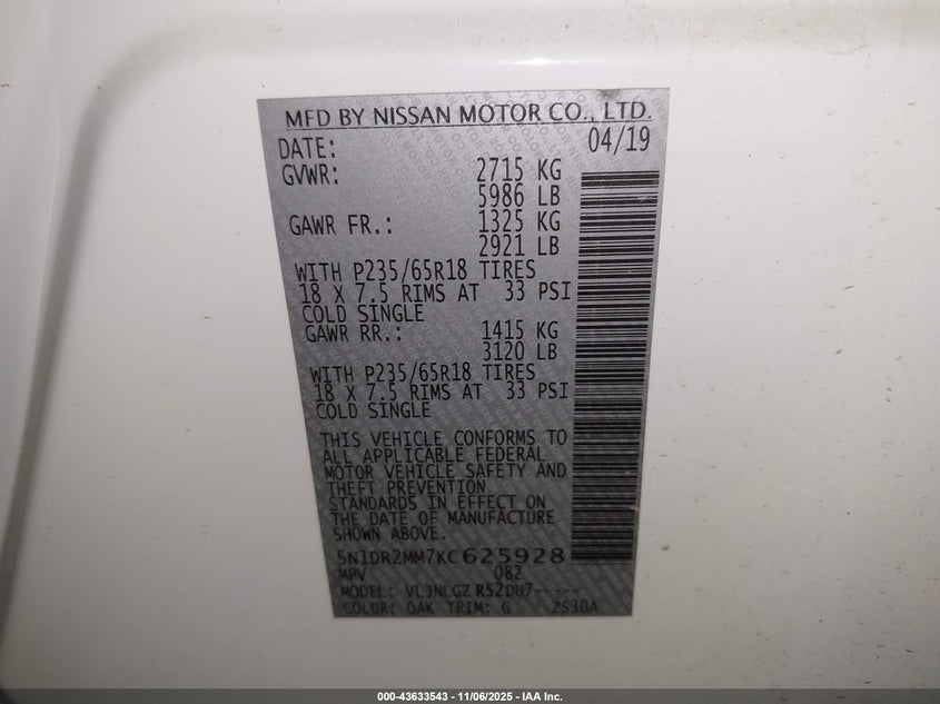 2019 NISSAN PATHFINDER SL 5N1DR2MM7KC625928