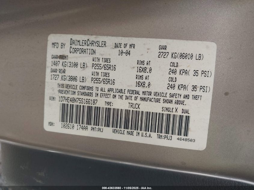 2005 Dodge Dakota Slt VIN: 1D7HE48N75S166187 Lot: 43633560