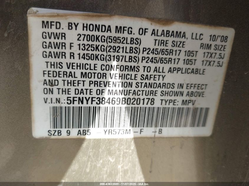 2009 Honda Pilot Ex VIN: 5FNYF38469B020178 Lot: 43633589
