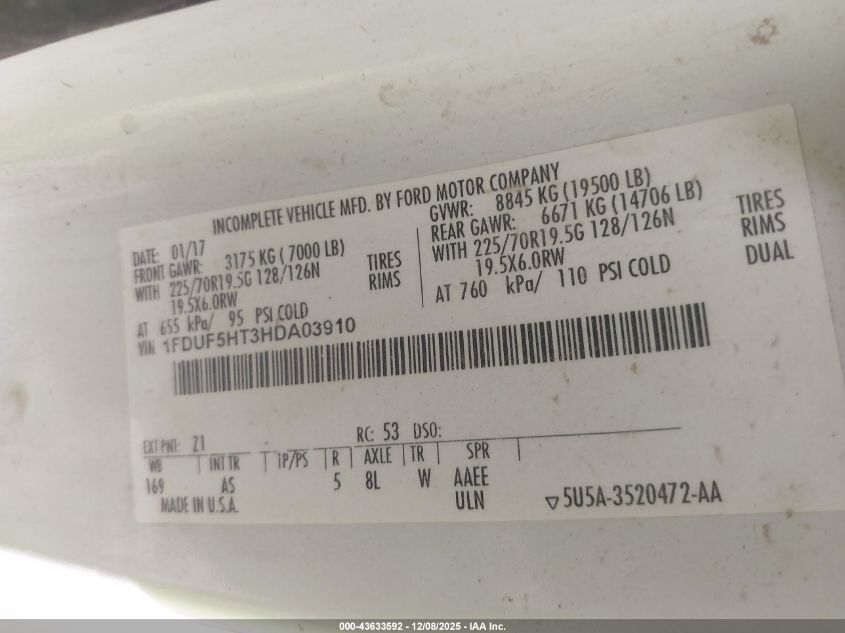 2017 Ford F-550 Chassis Xl VIN: 1FDUF5HT3HDA03910 Lot: 43633592