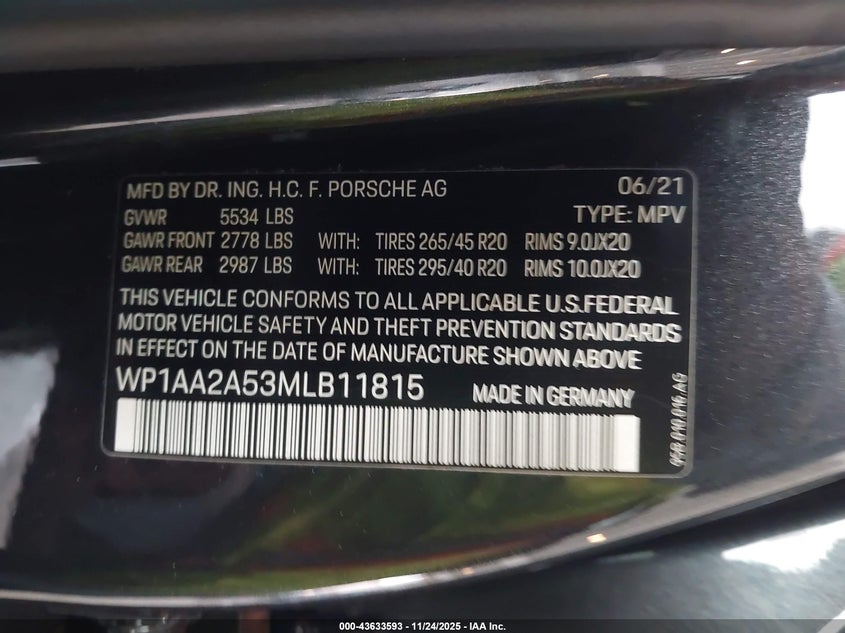 VIN WP1AA2A53MLB11815 2021 PORSCHE MACAN
