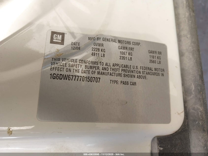 2007 Cadillac Sts V6 VIN: 1G6DW677770150707 Lot: 43633595