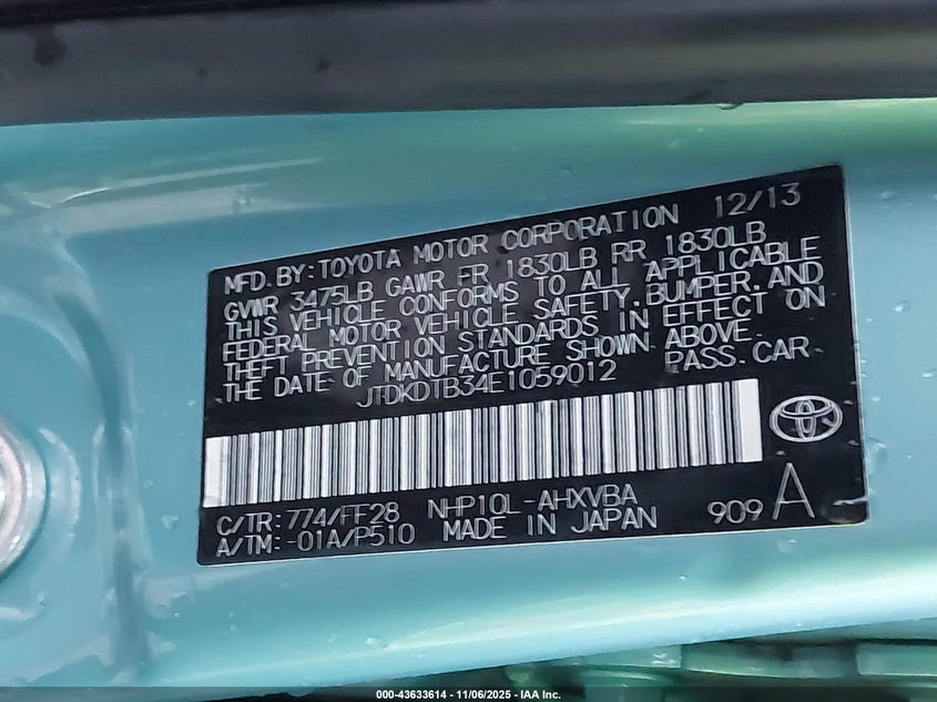 2014 Toyota Prius C Two VIN: JTDKDTB34E1059012 Lot: 43633614