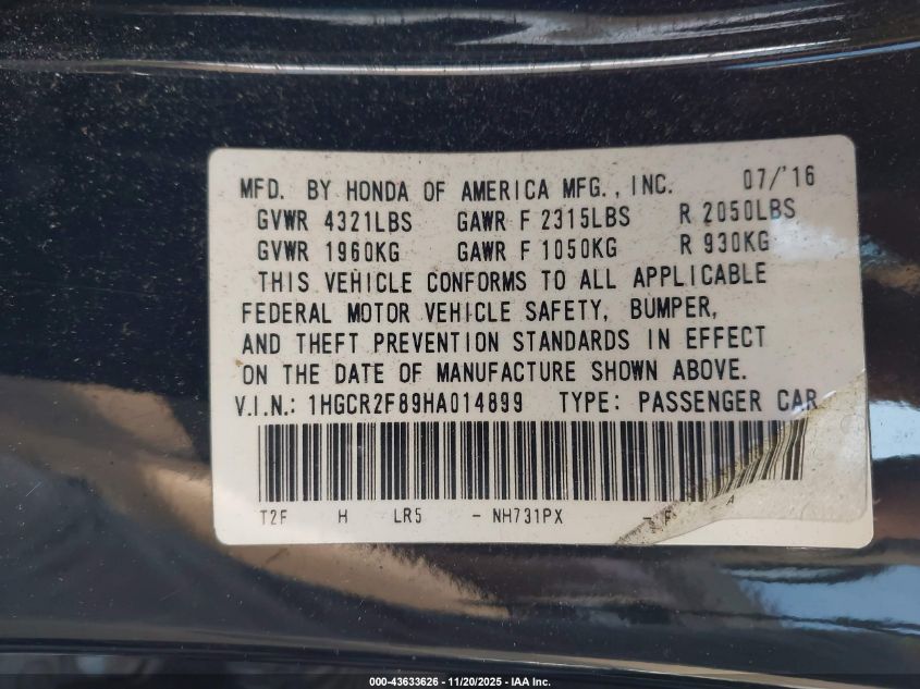 2017 Honda Accord Ex-L VIN: 1HGCR2F89HA014899 Lot: 43633626