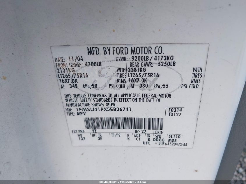 2005 Ford Excursion Xls/Xlt VIN: 1FMSU41PX5EB36741 Lot: 43633628