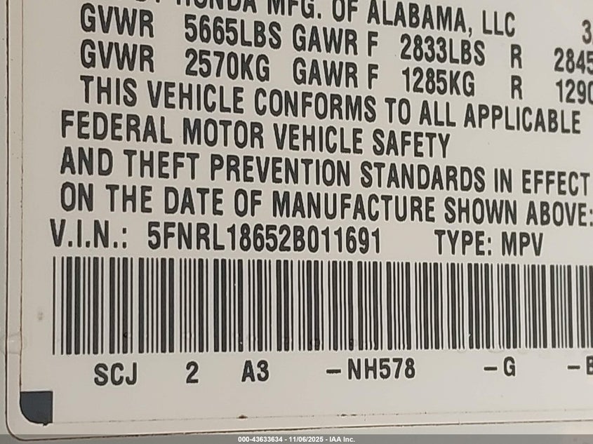 2002 Honda Odyssey Ex VIN: 5FNRL18652B011691 Lot: 43633634