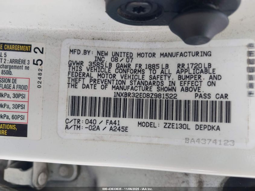 2008 Toyota Corolla Ce VIN: 1NXBR32E08Z981522 Lot: 43633635