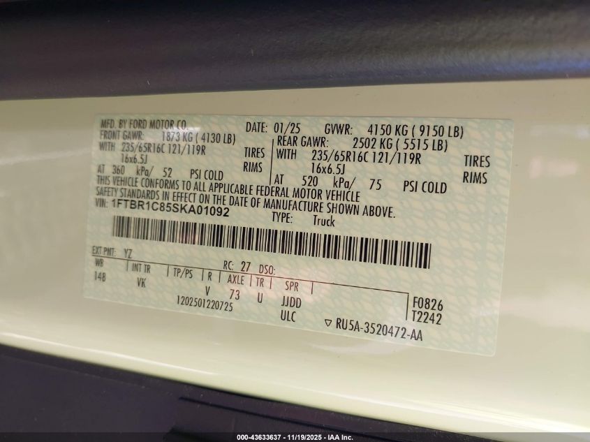 2025 Ford Transit-250 VIN: 1FTBR1C85SKA01092 Lot: 43633637