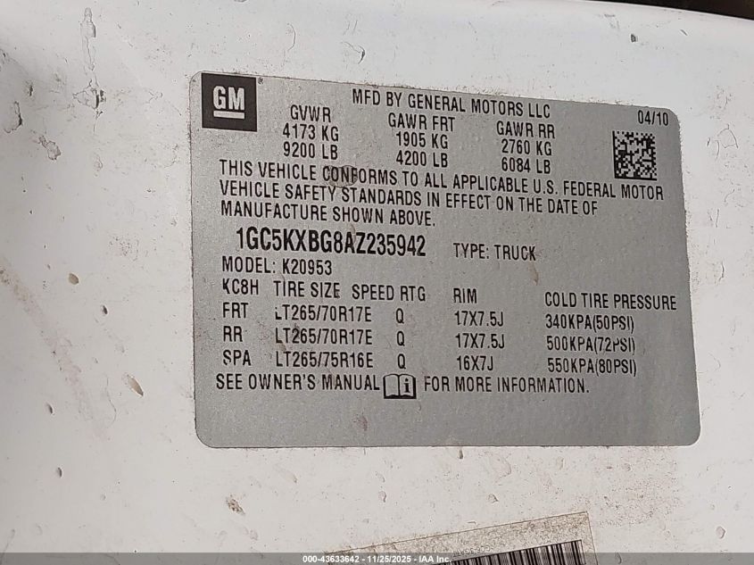 2010 Chevrolet Silverado 2500Hd Lt VIN: 1GC5KXBG8AZ235942 Lot: 43633642