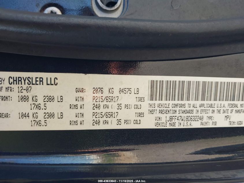 2008 Jeep Compass Sport VIN: 1J8FF47W18D632240 Lot: 43633643