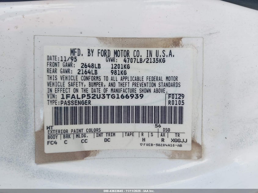 1996 Ford Taurus Gl VIN: 1FALP52U3TG166939 Lot: 43633645