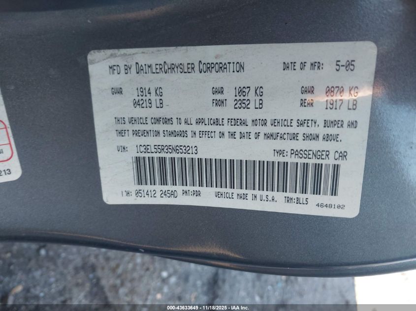 2005 Chrysler Sebring Touring VIN: 1C3EL55R35N653213 Lot: 43633649