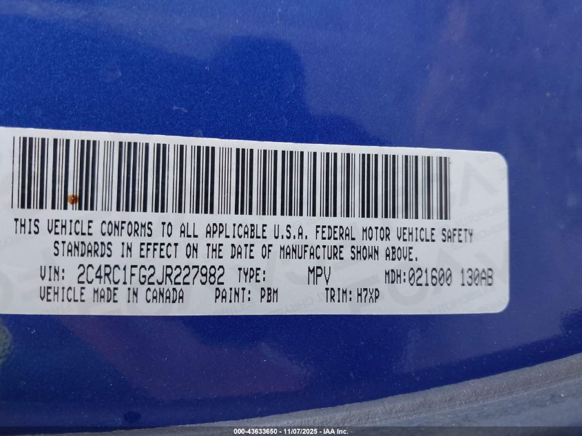 2018 Chrysler Pacifica Touring Plus VIN: 2C4RC1FG2JR227982 Lot: 43633650