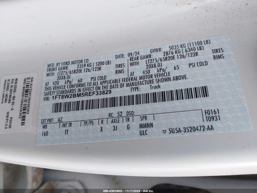 2024 Ford F-250 Limited VIN: 1FT8W2BM5REF33829 Lot: 43633652