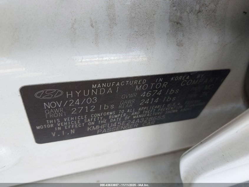 2004 Hyundai Xg350 L VIN: KMHFU45E24A328655 Lot: 43633657