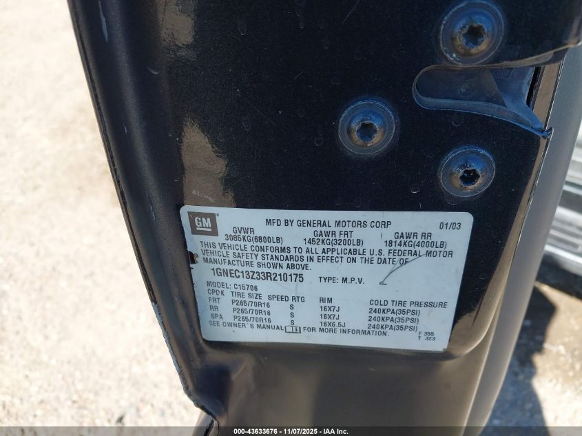 2003 Chevrolet Tahoe Lt VIN: 1GNEC13Z33R210175 Lot: 43633676