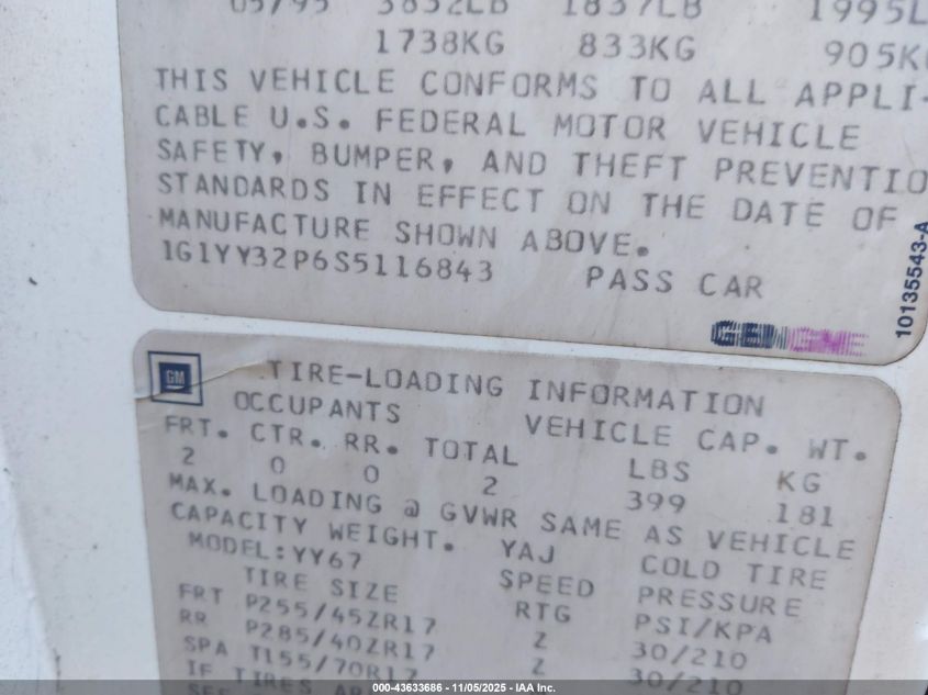 1995 Chevrolet Corvette VIN: 1G1YY32P6S5116843 Lot: 43633686