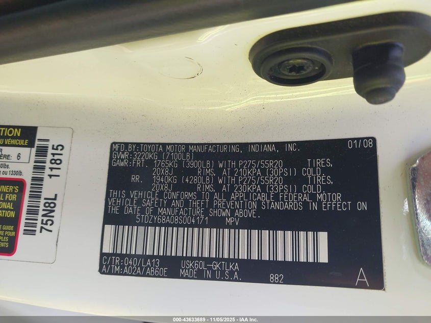 2008 Toyota Sequoia Limited 5.7L V8 VIN: 5TDZY68A08S004171 Lot: 43633689