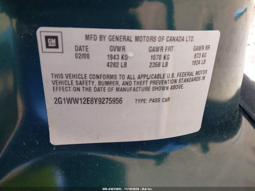 2000 Chevrolet Monte Carlo Ls VIN: 2G1WW12E8Y9275956 Lot: 43633692