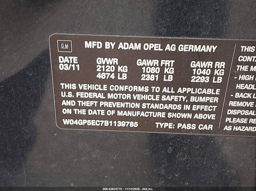 2011 Buick Regal Cxl Russelsheim VIN: W04GP5EC7B1139785 Lot: 43633715