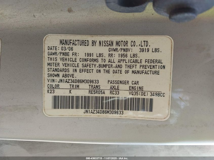 2006 Nissan 350Z Touring VIN: JN1AZ34D86M309633 Lot: 43633719