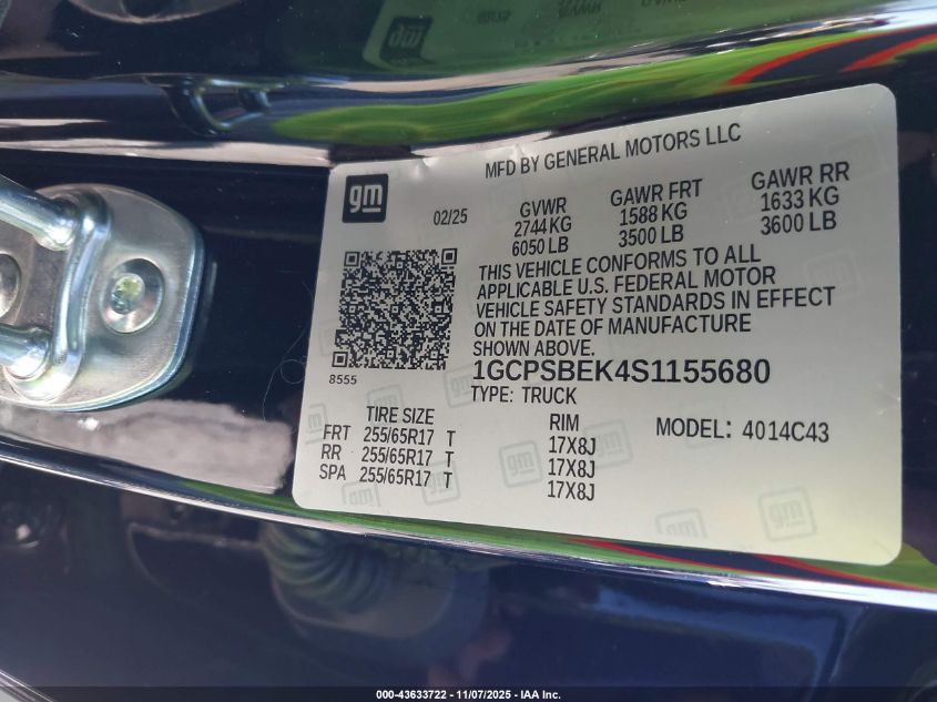 2025 Chevrolet Colorado 2Wd Wt VIN: 1GCPSBEK4S1155680 Lot: 43633722