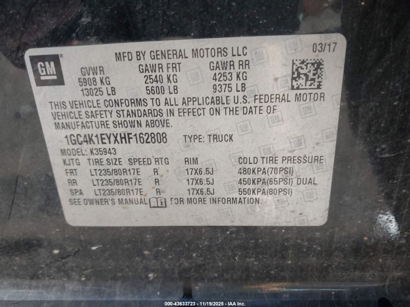 2017 Chevrolet Silverado 3500Hd High Country VIN: 1GC4K1EYXHF162808 Lot: 43633723