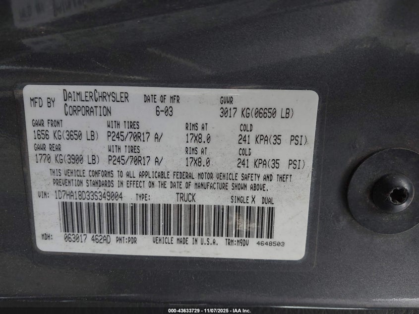 2003 Dodge Ram 1500 Slt/Laramie/St VIN: 1D7HA18D33S349004 Lot: 43633729