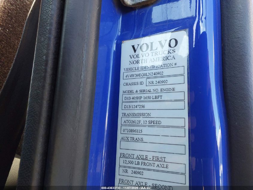 2020 Volvo Vnr VIN: 4V4W39EG0LN240902 Lot: 43633733