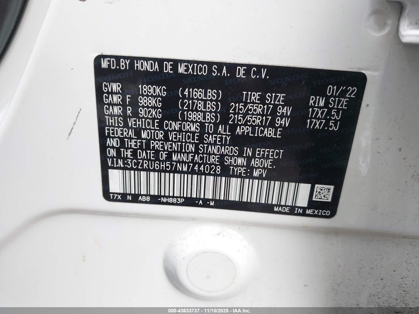 3CZRU6H57NM744028 2022 HONDA HR-V photo no. 9