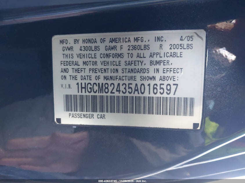 2005 Honda Accord 3.0 Lx Special Edition VIN: 1HGCM82435A016597 Lot: 43633745