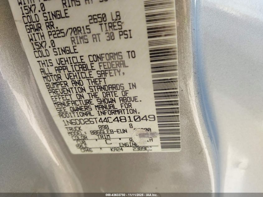 2004 Nissan Frontier Xe VIN: 1N6DD26T44C481049 Lot: 43633750