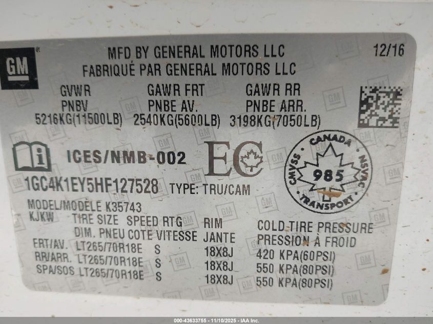2017 Chevrolet Silverado 3500Hd High Country VIN: 1GC4K1EY5HF127528 Lot: 43633755