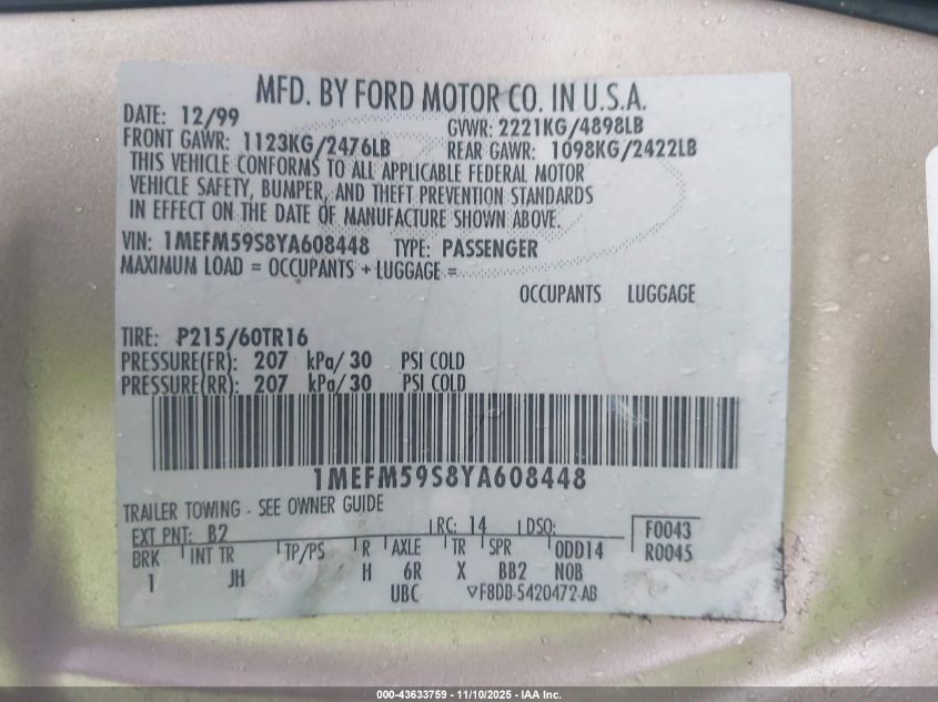 2000 Mercury Sable Ls Premium VIN: 1MEFM59S8YA608448 Lot: 43633759