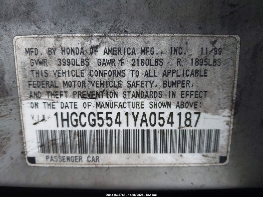 2000 Honda Accord 2.3 Lx VIN: 1HGCG5541YA054187 Lot: 43633768