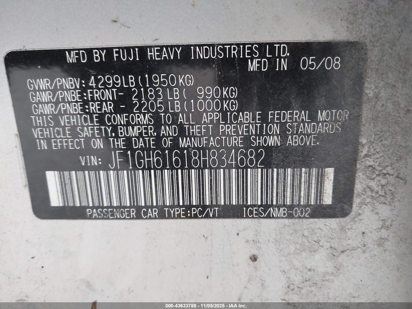 2008 Subaru Impreza 2.5I VIN: JF1GH61618H834682 Lot: 43633788