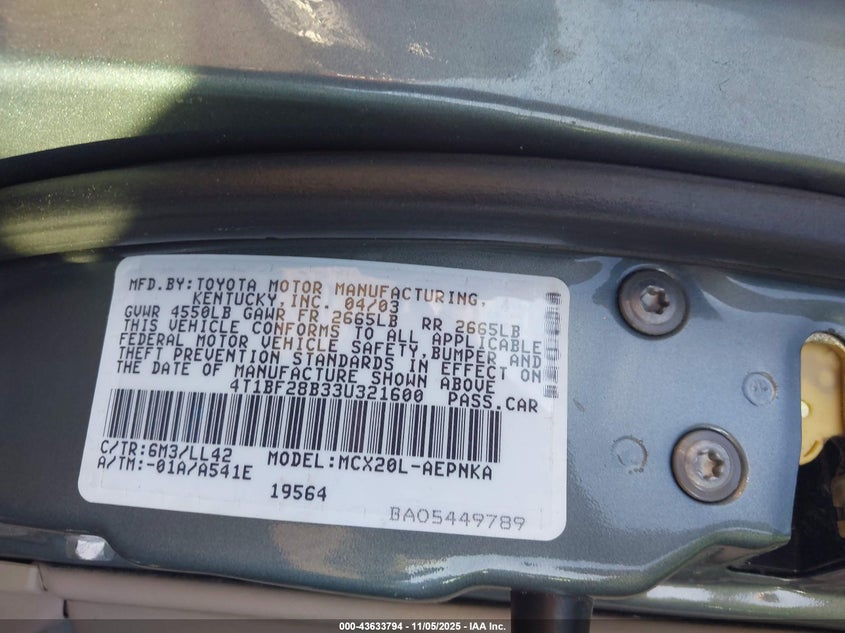 2003 Toyota Avalon Xl VIN: 4T1BF28B33U321600 Lot: 43633794