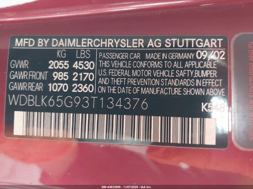 2003 Mercedes-Benz Clk 320 VIN: WDBLK65G93T134376 Lot: 43633809