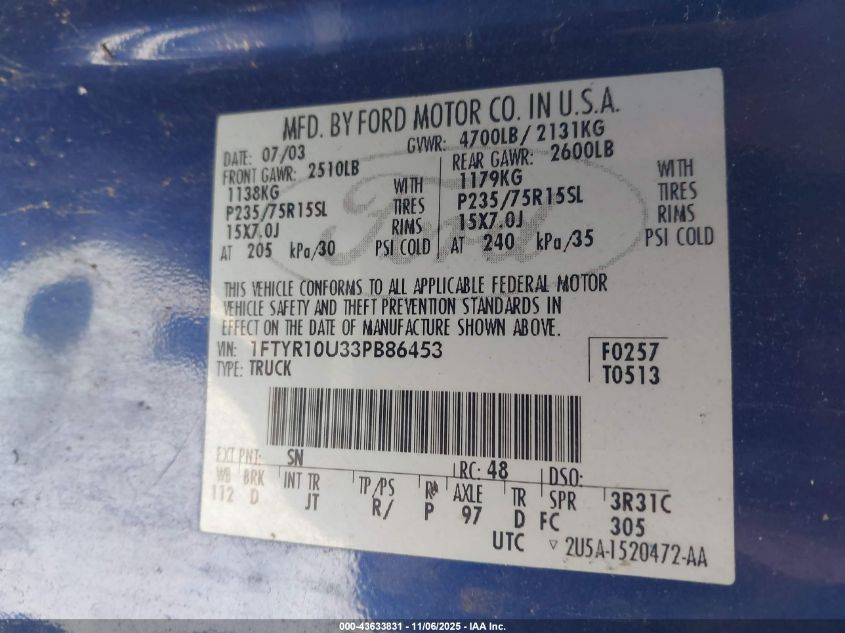 2003 Ford Ranger Edge/Xl/Xlt VIN: 1FTYR10U33TB86458 Lot: 43633831