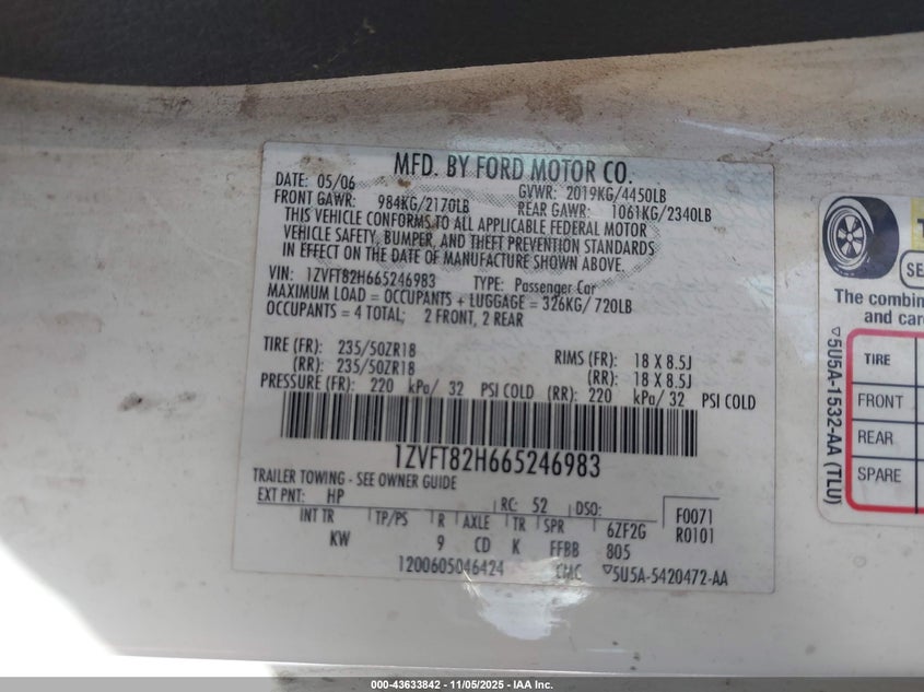 2006 Ford Mustang Gt VIN: 1ZVFT82H665246983 Lot: 43633842