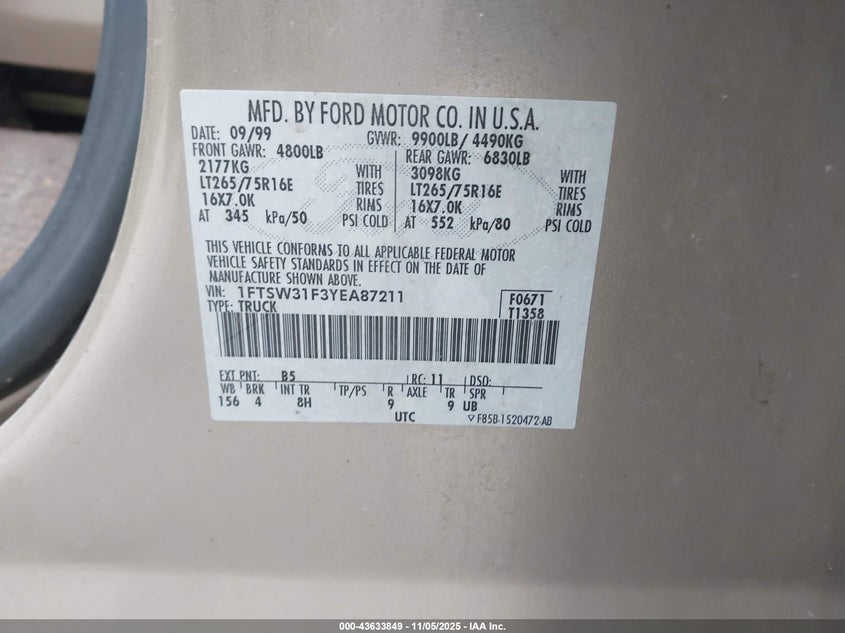 2000 Ford F-350 Lariat/Xl/Xlt VIN: 1FTSW31F3YEA87211 Lot: 43633849