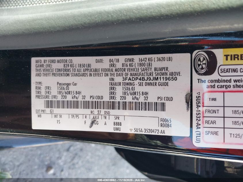 2018 Ford Fiesta Se VIN: 3FADP4BJ9JM119650 Lot: 43633862