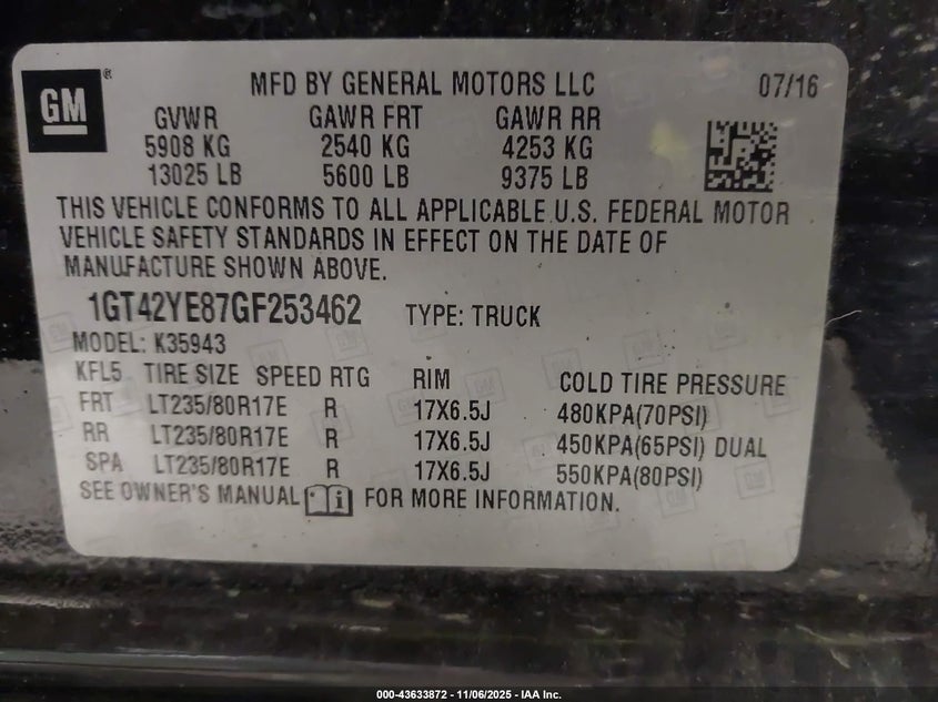 2016 GMC Sierra 3500Hd Denali VIN: 1GT42YE87GF253462 Lot: 43633872