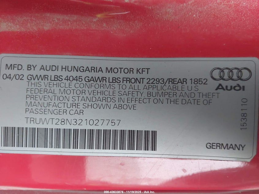 2002 Audi Tt Alms Commemorative Edition VIN: TRUWT28N321027757 Lot: 43633876