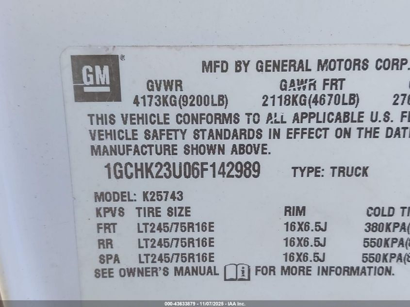 2006 Chevrolet Silverado 2500Hd Lt1 VIN: 1GCHK23U06F142989 Lot: 43633879
