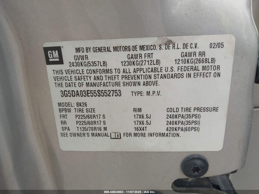 2005 Buick Rendezvous Cx VIN: 3G5DA03E55S552753 Lot: 43633883