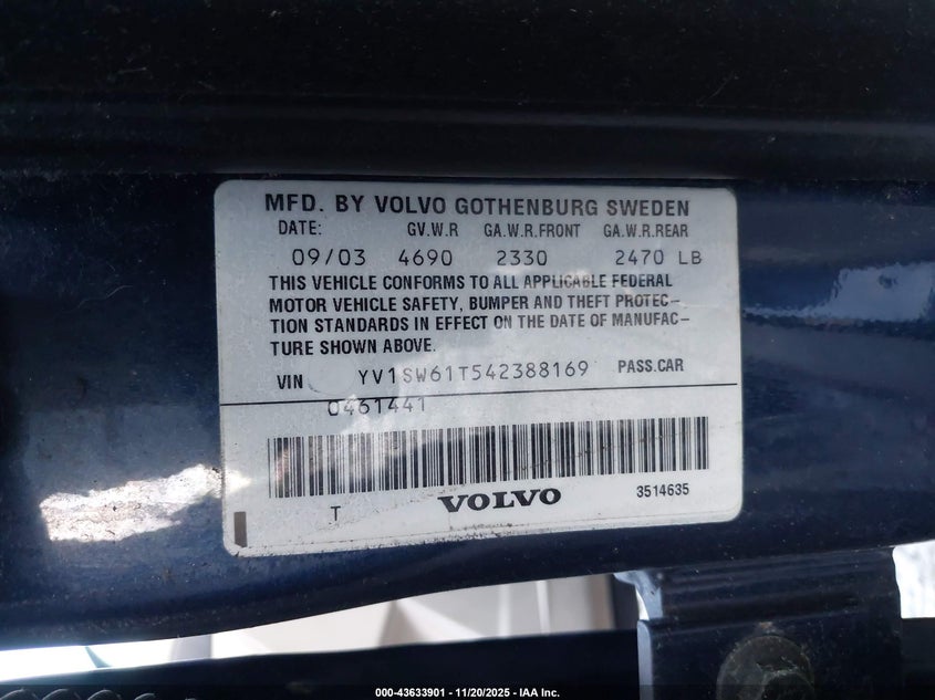 2004 Volvo V70 2.4 VIN: YV1SW61T542388169 Lot: 43633901