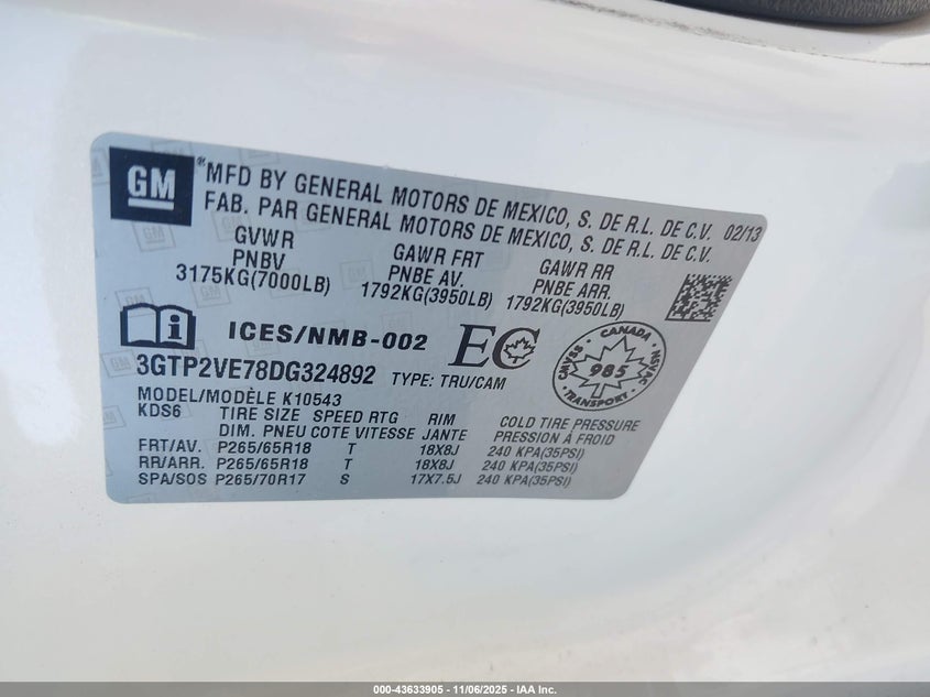 2013 GMC SIERRA 1500 SLE 3GTP2VE78DG324892